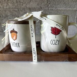 Rea Dunn “GATHER” & “COZY” sugar and creamer set Fall Collection with Wood Tray